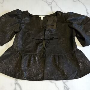 H&M Women’s Black Top Jacquard Weave Puff Sleeve Short Peplum Metallic Ties XL